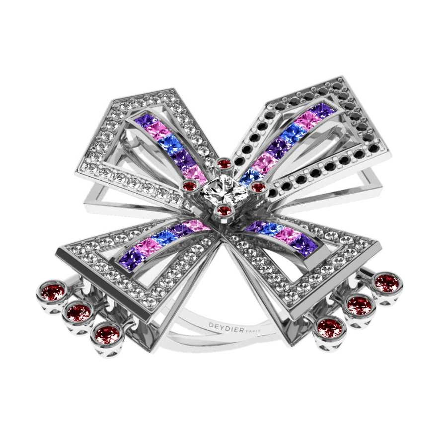 Bague La Vallière - Saphirs multicolores, rubis, diamants blancs & noirs <br/> Or blanc 18 carats