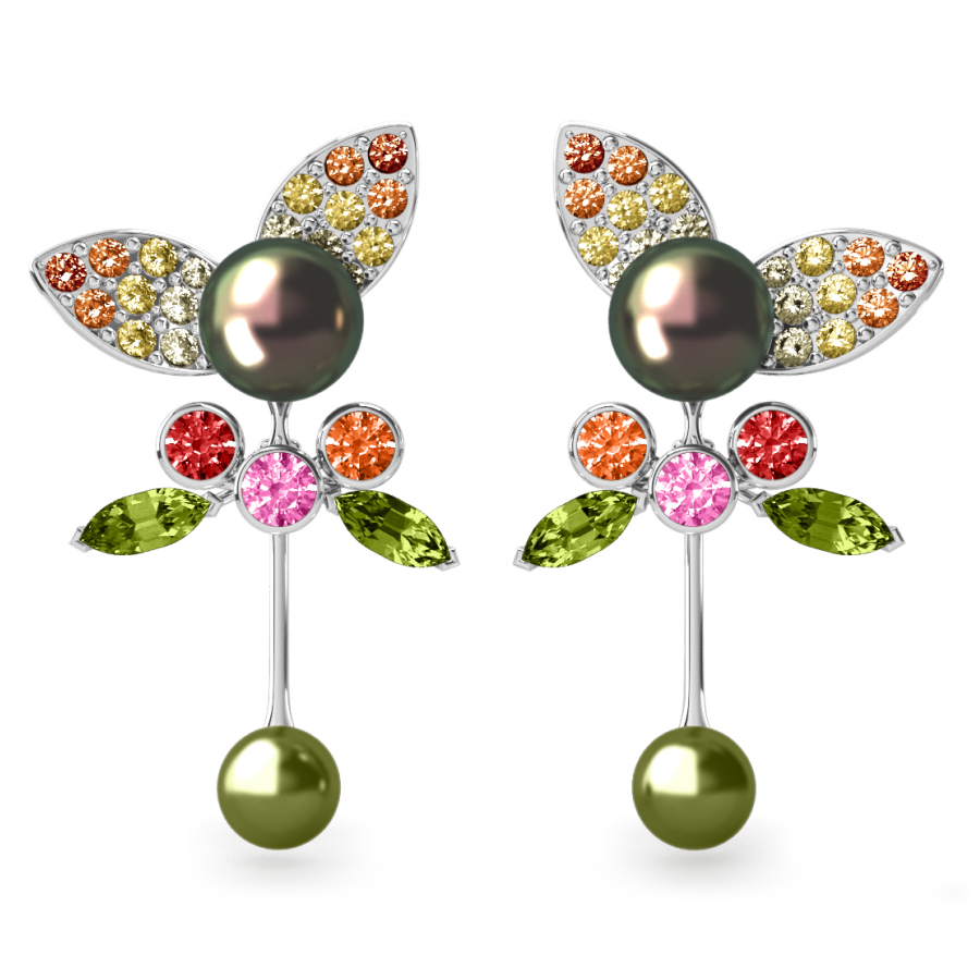 Boucles d'oreilles Pearly Angel Peacock & Pistache - Saphirs, diamants, peridots & perles de Tahiti <br /> Or blanc 18 carats