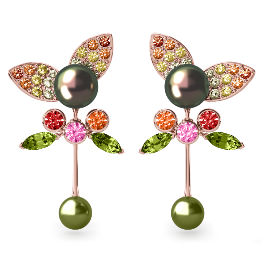 Boucles d'oreilles Pearly Angel Peacock & Pistache - Saphirs, diamants, peridots & perles de Tahiti <br /> Or rose 18 carats