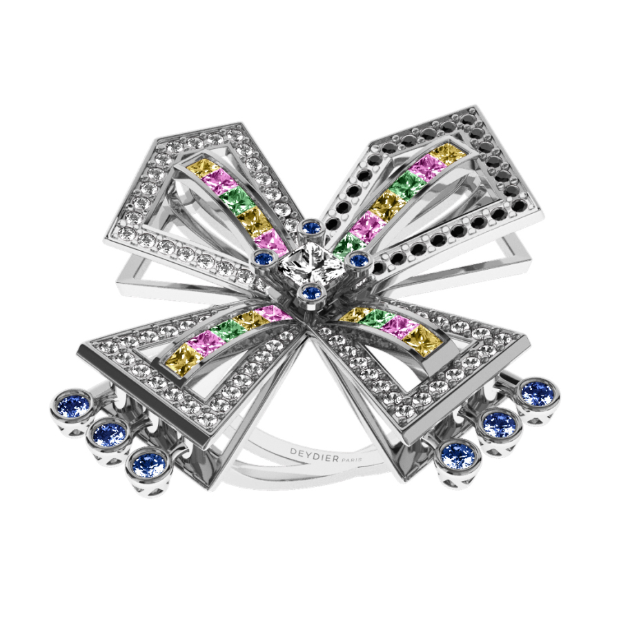 Bague La Vallière - Saphirs multicolores, diamants blancs & noirs <br/> Or blanc 18 carats