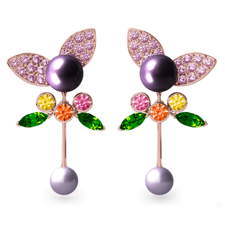 Boucles d'oreilles Pearly ngel Aubergine & Mauve - Saphirs, diamants, tsavorites & perles de Tahiti <br /> Or jaune 18 carats