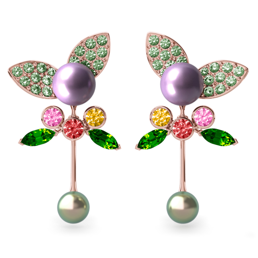 Boucles d'oreilles Pearly Angel Aubergine & Mauve - Saphirs, diamants, tsavorites & perles de Tahiti <br /> Or rose 18 carats